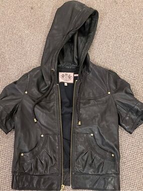 Black Hooded Juicy Couture Short-Sleeve Real Leather Jacket *Made Small